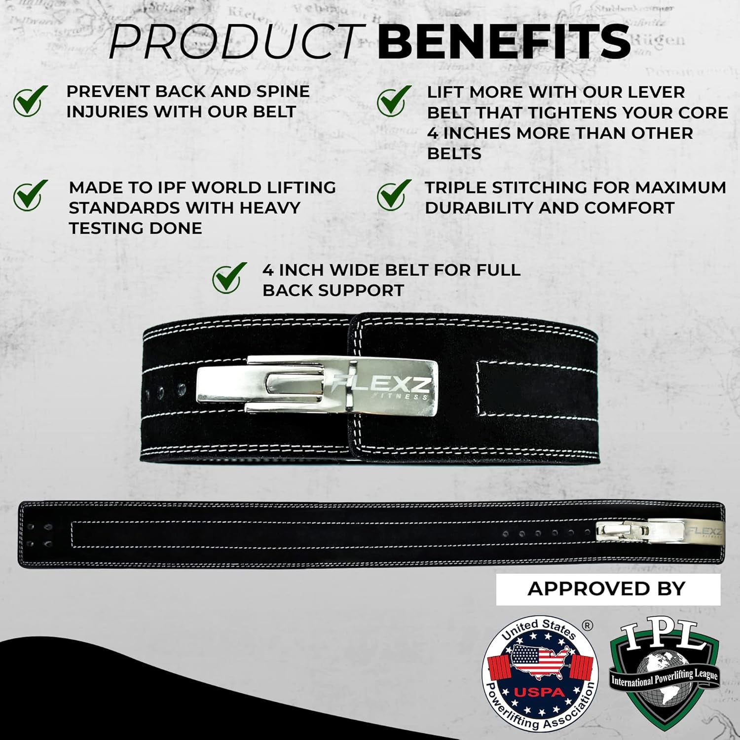 Flexz Fitness Lever Weight Lifting Belt Leather - 10MM 13MM Powerlifting Gym Belts for Men & Women - Lower Back Support for Weightlifting Deadlifts Squats Heavy Duty IPF Bodybuilding