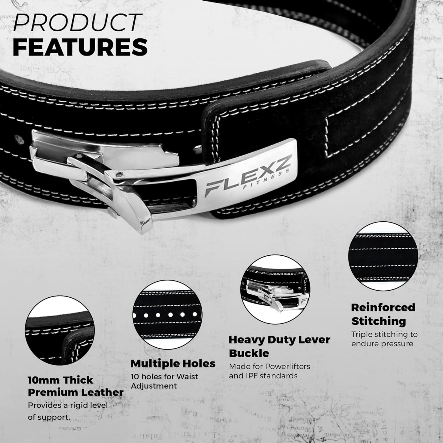 Flexz Fitness Lever Weight Lifting Belt Leather - 10MM 13MM Powerlifting Gym Belts for Men & Women - Lower Back Support for Weightlifting Deadlifts Squats Heavy Duty IPF Bodybuilding